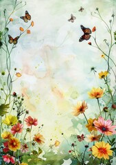 Watercolor invitation card with colorful frame or border wildflowers and greenery. a washed watercolor background Include butterflies fluttering around the flowers. into the frame copy space for text.