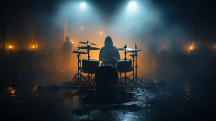 silhouette of a drummer behind a drum kit in a dark environment of stage lighting and fog
