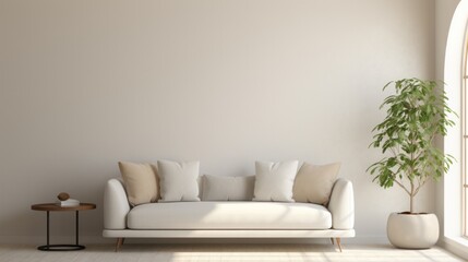 Mid century style sofa against beige empty wall with copy space.