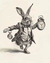 Times ticktock with a frantic rabbit, pocket watch in hand, against a stark white backdrop