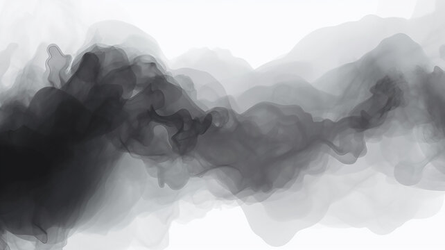 black watercolor waves, streaks and spots of paint and ink on a white background, transparent overlay layer