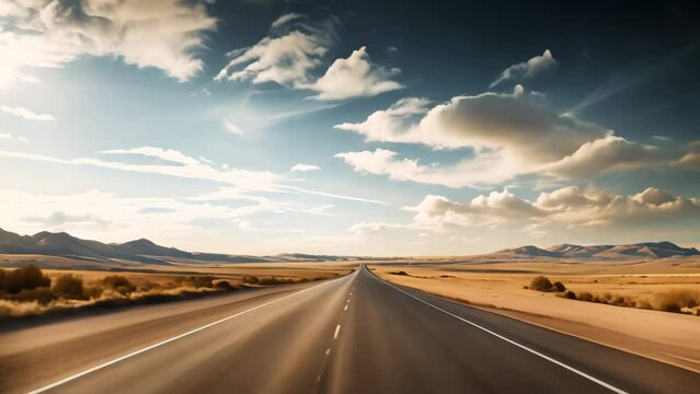 Asphalt road in the steppe on a background of blue sky, Long highway road landscape in a rural area, AI Generated