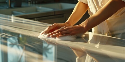 A woman is cleaning a counter with a sponge - obrazy, fototapety, plakaty