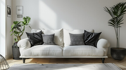 Interior of living room with white sofa and black pillows 3d rendering, Ai, modern minimalist...