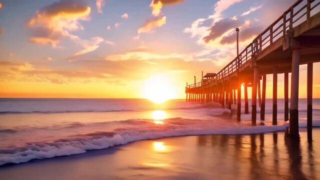 Sunset over the pier on the Pacific Ocean in California, USA, long tall pier at sunset, small waves rolling in, AI Generated