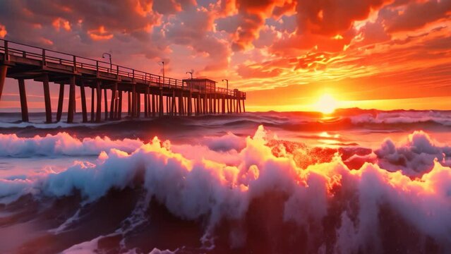 Long exposure of the pier at sunrise in Huntington Beach, California, long tall pier at sunset, small waves rolling in, AI Generated