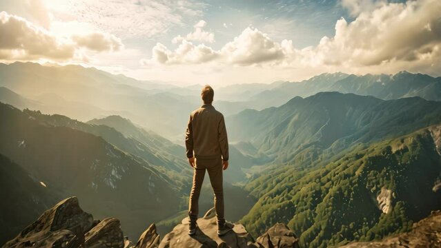 Man standing on the edge of the cliff and looking at the valley, Male tourist standing on top of a mountain and enjoying the nature view, rear view, full body, AI Generated