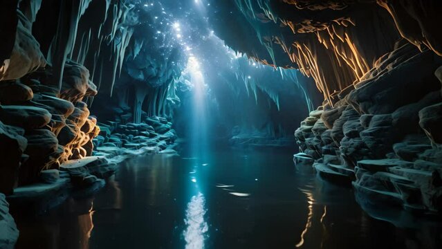 Beautiful underwater cave with crystal clear water. 3D Rendering, mesmerizing underwater cave system full of stunning stalactite formations, bioluminescent creatures, hidden chambers, AI Generated