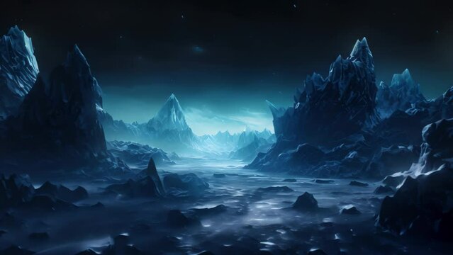 Fantasy alien planet. Mountain and lake. 3D illustration, minimalist photography, ice ruins, intricate, night, high resolution, 8K ultra HD, AI Generated