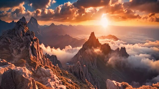 Fantastic sunrise in the mountains. Dramatic scene. Beauty world, Mountain top landscape view with clouds at sunset, AI Generated