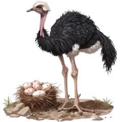 Tuinposter Illustration of an ostrich beside the nest with eggs on a white background  © Zain