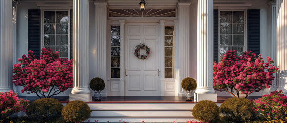 decorations in the house, White front door with porch, a front door of a house with a black door and potted plants, Main entrance door in house, home cottage with white columns and stone cladding, Ai  - obrazy, fototapety, plakaty