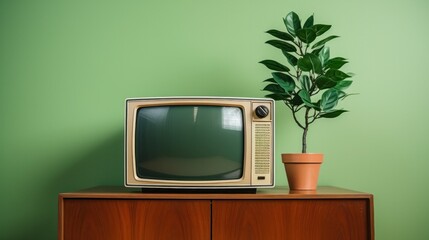 old retro TV with blank green screen for a designer