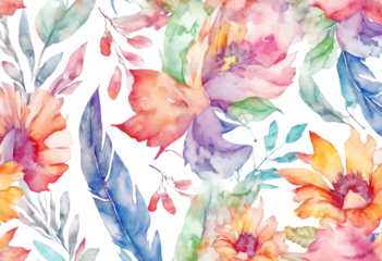flowers Watercolor pattern seamless feathers beautiful leaves