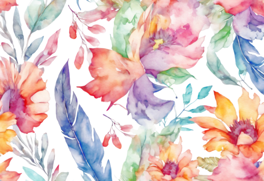 flowers Watercolor pattern seamless feathers beautiful leaves