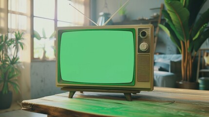 old retro TV with blank green screen for a designer
