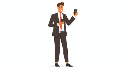 Businessman pointing at a mobile phone in his hand. 