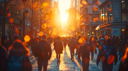Crowds of people walking on a city street, bathed in the warm, golden light of a setting sun - obrazy, fototapety, plakaty