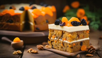 A slice of carrot cake with walnuts, prunes, and dried apricots on a dark wood background