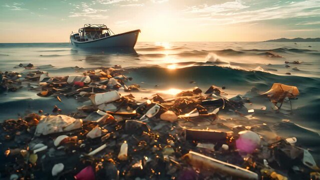 Garbage in the sea at sunset. Concept of environmental pollution, Pile of garbage and waste in the sea. Pollution of environment concept, AI Generated