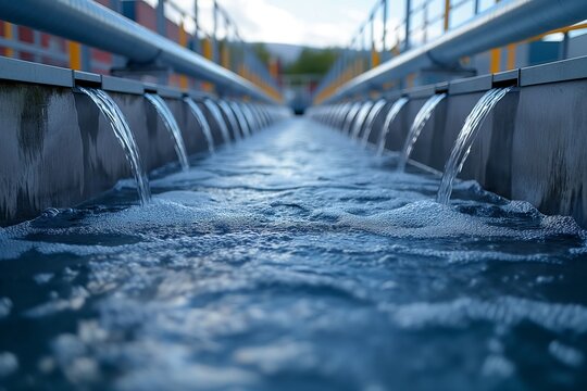Modern urban wastewater treatment plant. Cold transparent water