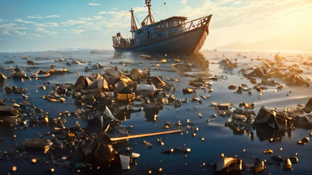 Fishing boat in the sea. Global warming concept. 3d rendering, Pile of garbage and waste in the sea. Pollution of environment concept, AI Generated