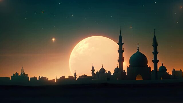 Ramadan Kareem background with mosque and sunset. Vector illustration, Ramadan Kareem background with mosque and crescent moon. Vector illustration, AI Generated