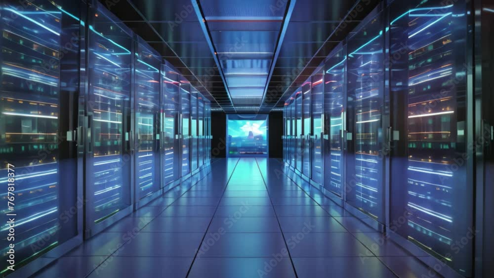 Poster server room data center. blue toned. 3d rendering, server room in data center. 3d rendering. compute