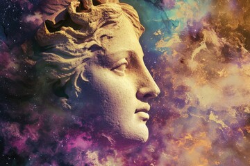 Aphrodite on a cosmic abstract background. Concept art collage. Poster design.