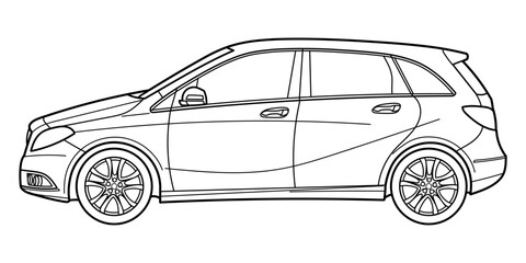 Outline drawing of a hatchback car from side view. Classic style. Vector outline doodle illustration. Design for print or color book	
