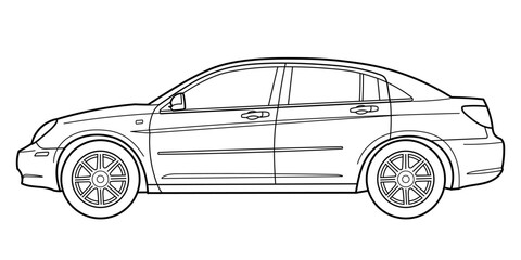 Classic business luxary class sedan car. 4 door car on white background. Side view shot. Outline doodle vector illustration	
