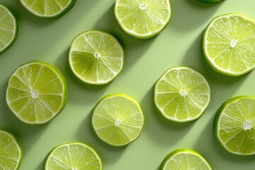 Colorful lime slices on green background  trendy summer pattern