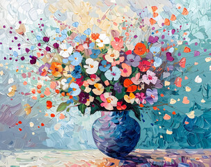 A beautiful painting of flowers in a blue vase on a table