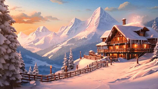 Wooden house in the mountains. Beautiful winter landscape. 3d render, ski resort in winter, AI Generated