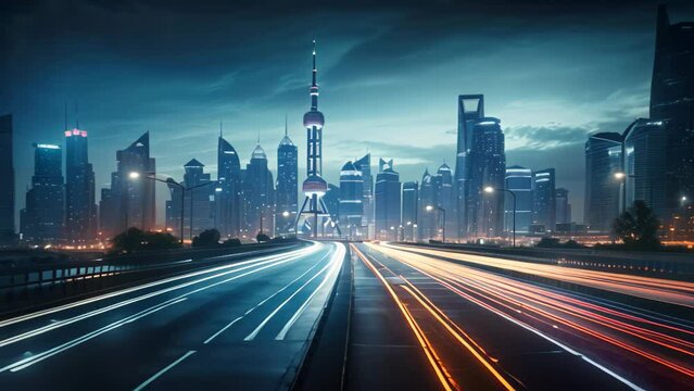 the light trails on the modern building background in shanghai china, Shanghai city skyline and expressway at night,China, AI Generated