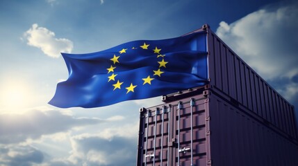 port crane holds a container with the flag of the European Union,