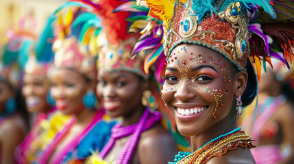 Black Woman in Colorful costume on Carnival Parade. Vibrant Carnival Celebration