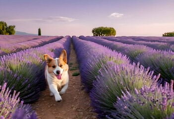 a dog runs towards us in a lavender field at sunset