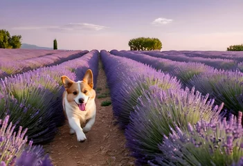 Poster Bulldog français a dog runs towards us in a lavender field at sunset