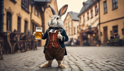 Fotobehang a rabbit in a historical costume with a glass of beer in an ancient European city on the street near a tavern © Evgeny