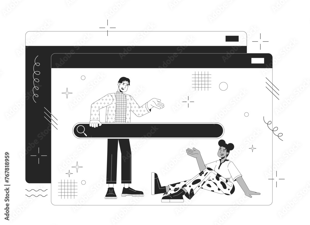 Poster communication technology 2d linear illustration concept. web site diverse users searching data carto