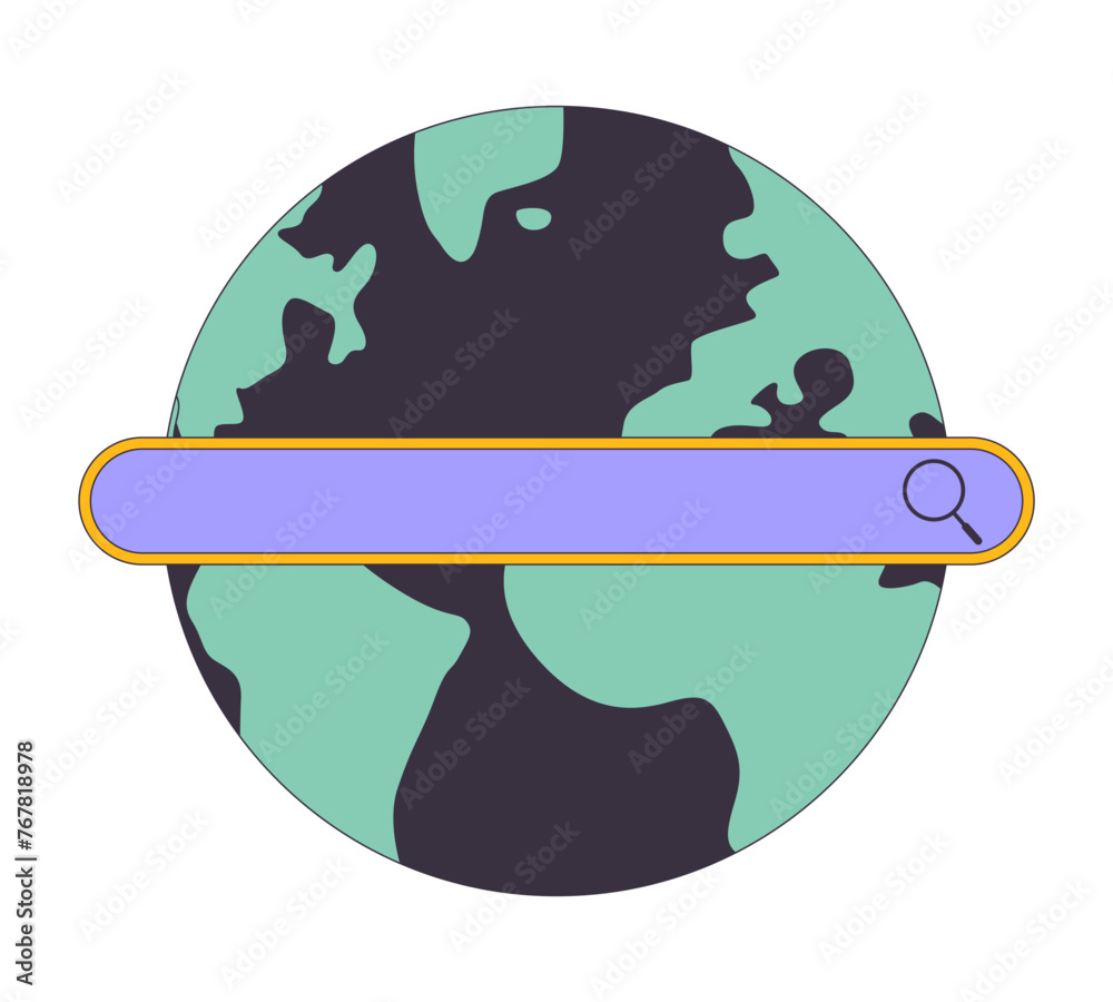 Poster search bar on globe 2d linear cartoon object. international internet browser. global network isolate