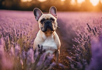 French bulldog dog in a lavender field at sunset