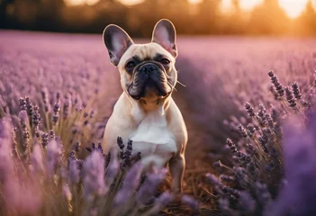 Poster Bulldog français French bulldog dog in a lavender field at sunset