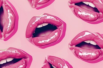 Fashion girl lips  creative pop art pattern  pastel pink background.