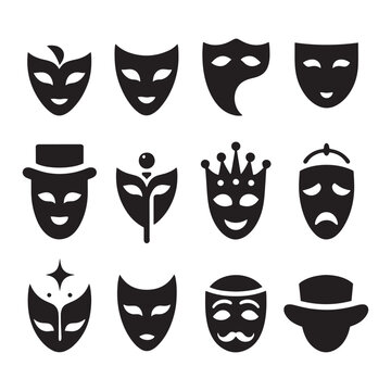 Theatrical Masks Icon Sheet Silhouette Vector: Dramatic and Expressive Theater Symbol Collection vector stock.