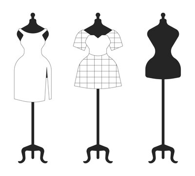 Sewing mannequin with clothes black and white 2D line cartoon objects set. Women outfit on dummies isolated vector outline items collection. Fashion store monochromatic flat spot illustrations