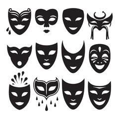 Theatrical Masks Icon Sheet Silhouette Vector: Dramatic and Expressive Theater Symbol Collection vector stock. - obrazy, fototapety, plakaty
