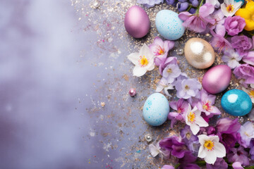 Fototapeta na wymiar Pastel Easter eggs with flowers on textured surface