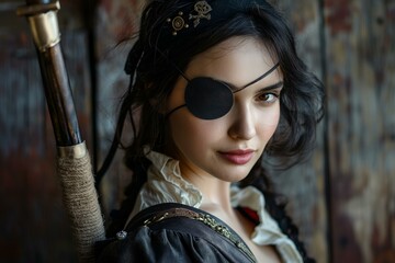 Elegant Young Woman in Vintage Pirate Costume